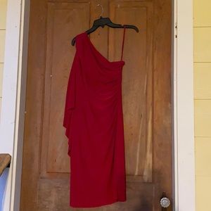 Red one shoulder cocktail dress.